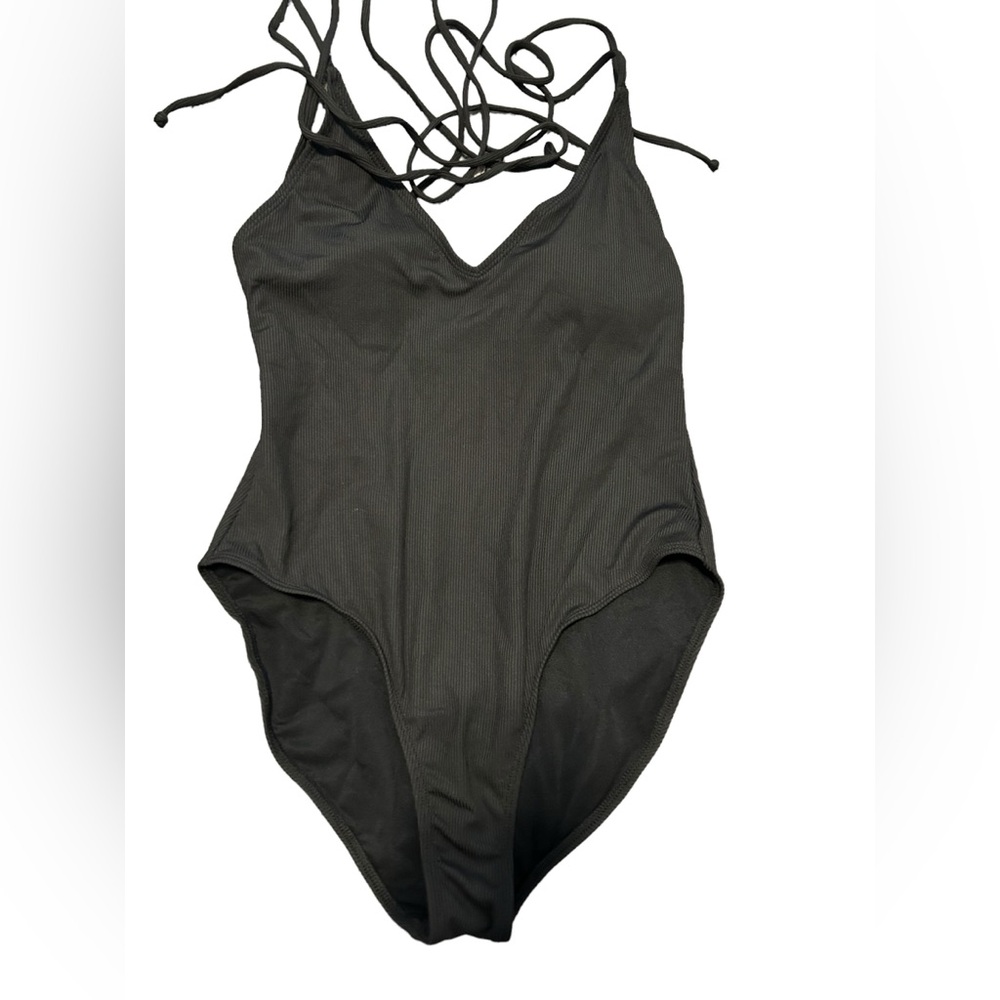 Shein black ribbed open back bathing suit size large nwot